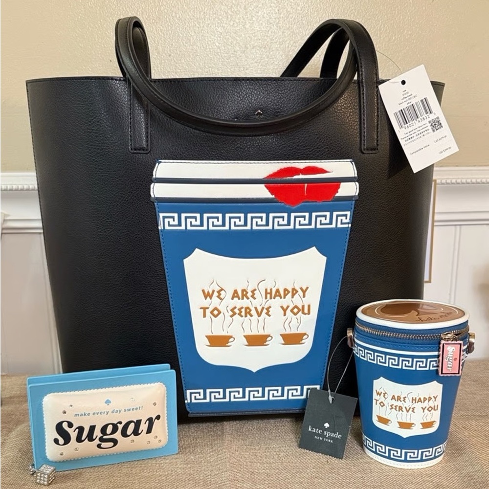 Kate Spade Black Tote with Blue and White Coffee Design